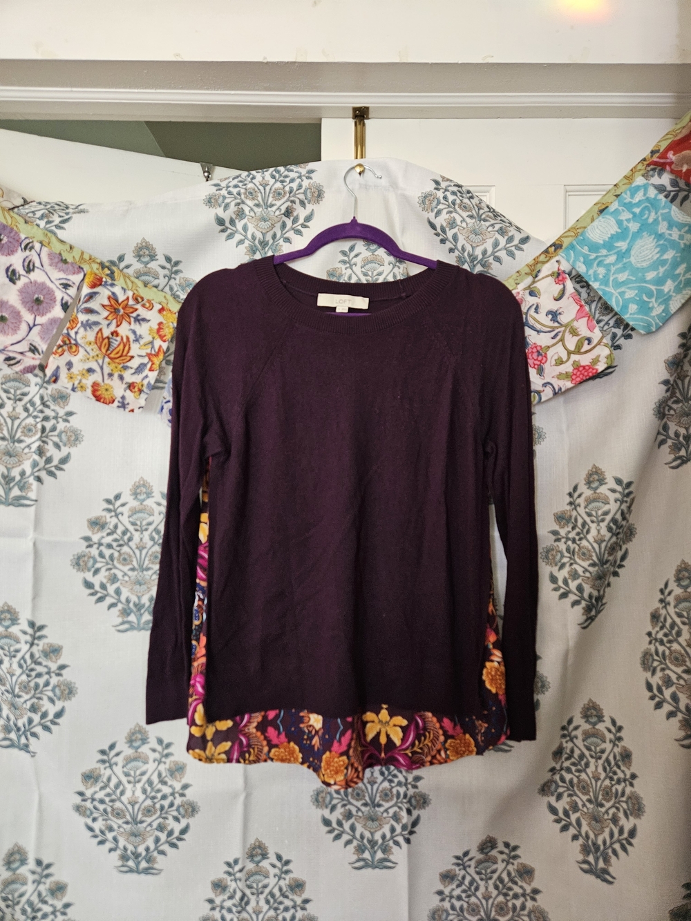 LOFT Purple Mixed-Hem Floral Trim Sweater Top